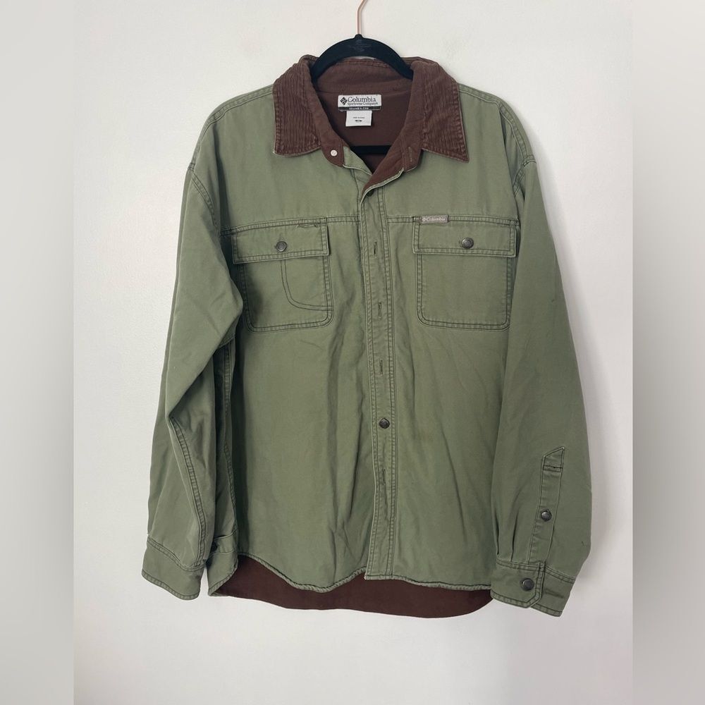 Columbia Mens Tan Canvas Shirt Jacket Button Up Fleece Lined Corduroy Collar med